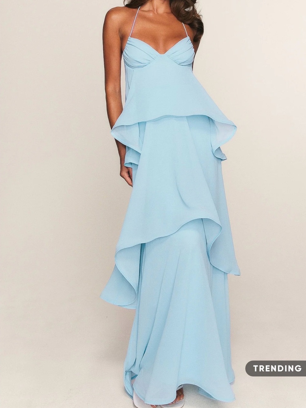 White Fox Boutique Light Blue Spaghetti-Strap Ruffle Maxi Dress